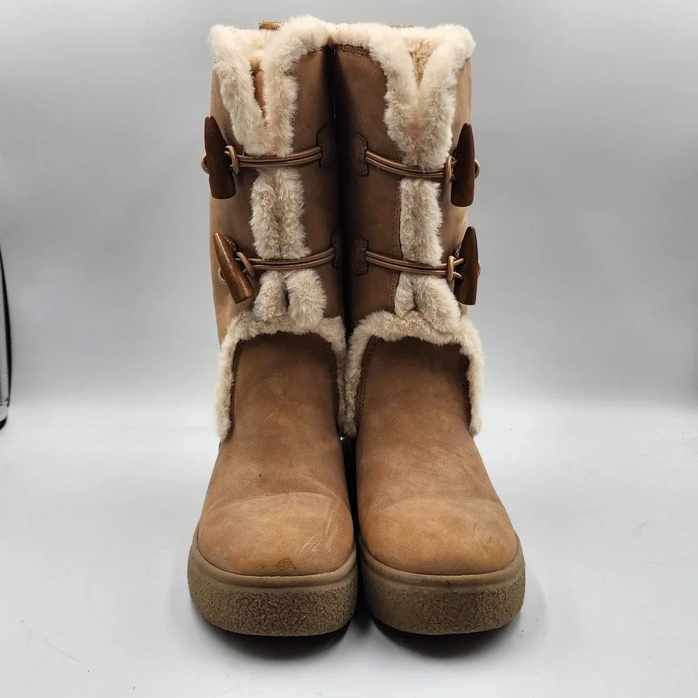 Rocket Dog Boots Women 8? Mid Calf Tan Faux Suede Fur Toggle Platform EUC Winter